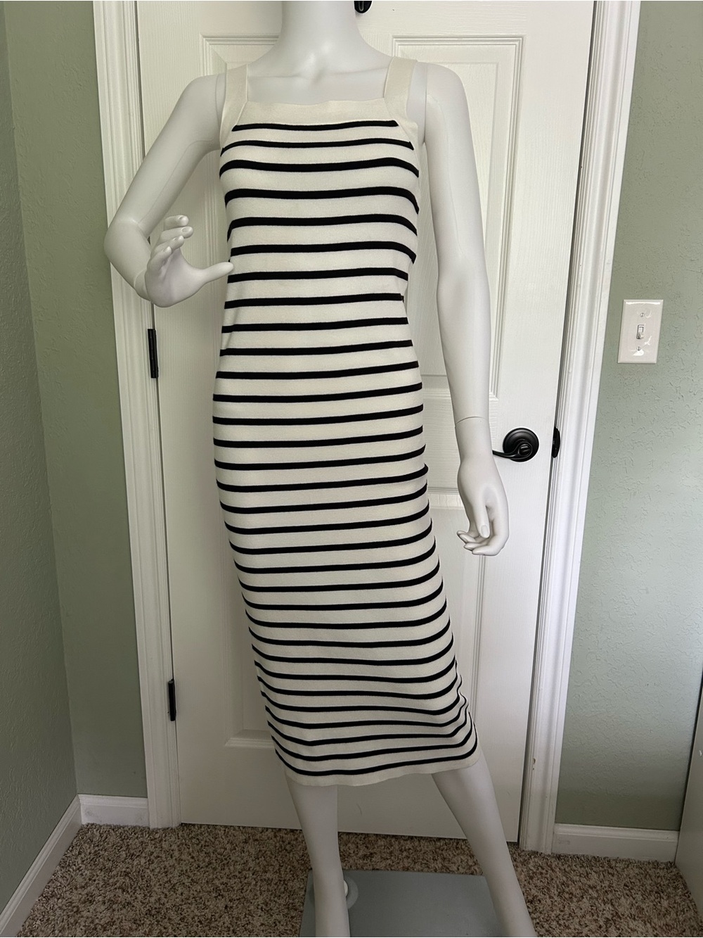 LOFT Black and White Striped Square-Neck Knit Midi Dress
